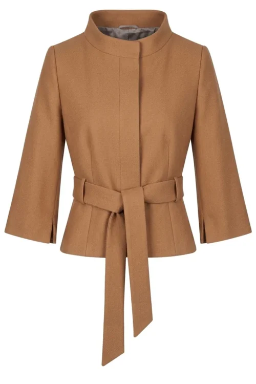 Krótki wełniany żakiet z paskiem - Lisa - camel