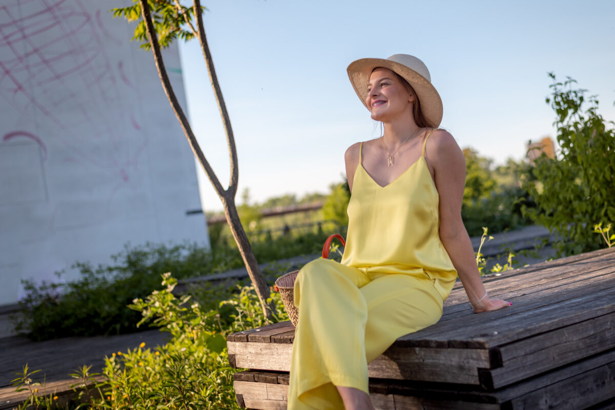 Eleganckie spodnie Adela z szeroką nogawką — Żółty, zdjęcie 4