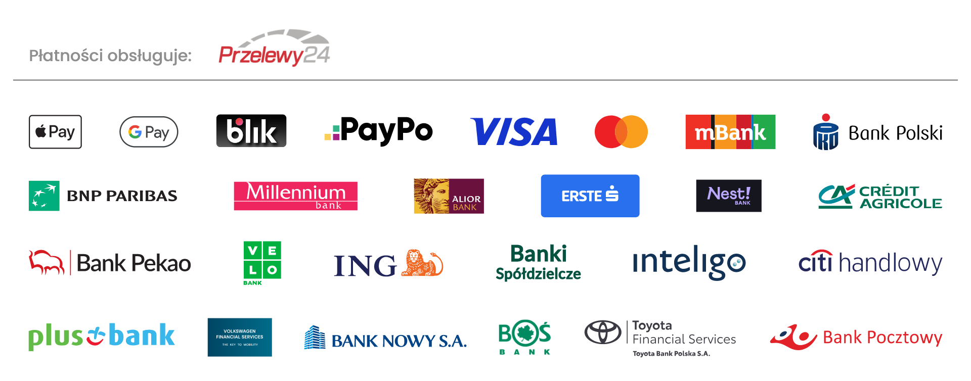 Przelewy24 — obsługiwane metody płatności: Apple Pay, Google Pay, BLIK, PayPo, karty Visa i Mastercard, przelewy z banków